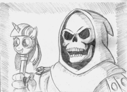 Size: 2333x1696 | Tagged: safe, artist:piterq12, g4, crossover, he-man and the masters of the universe, monochrome, skeletor, twilight scepter