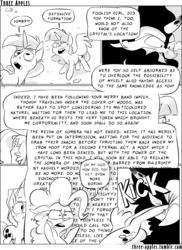Size: 944x1294 | Tagged: safe, artist:capnpea, applejack, fluttershy, king sombra, pinkie pie, shining armor, twilight sparkle, alicorn, earth pony, pegasus, pony, unicorn, comic:three apples, g4, bucking, comic, female, grayscale, hilarious in hindsight, male, mare, monochrome, monologue, stallion, tl;dr, twilight sparkle (alicorn), wall of text, words words words