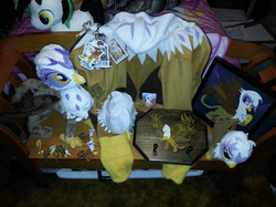Size: 1143x857 | Tagged: artist needed, safe, gilda, oc, oc:trance sequence, griffon, g4, badge, clothes, collection, hat, hoodie, irl, merchandise, much gilda, patch, photo, plushie, shrine, toy