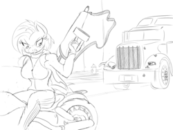 Size: 1280x965 | Tagged: safe, artist:zev, babs seed, anthro, g4, aa-12, female, grayscale, gun, monochrome, solo, truck