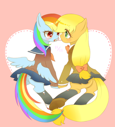 Size: 900x990 | Tagged: safe, artist:yuzuko, applejack, rainbow dash, pony, g4, bow, clothes, female, lesbian, miniskirt, pixiv, pleated skirt, pocky, pocky game, school uniform, ship:appledash, shipping, skirt, socks