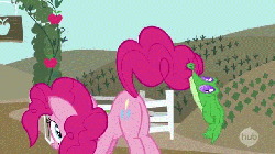 Size: 640x360 | Tagged: safe, screencap, gummy, pinkie pie, alligator, earth pony, pony, castle mane-ia, g4, animated, balloonbutt, butt, butt shake, female, fence, hub logo, hubble, mare, out of context, plot
