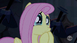 Size: 640x360 | Tagged: safe, screencap, fluttershy, pegasus, pony, castle mane-ia, g4, season 4, animated, crying, cute, eye shimmer, female, fluttercry, frown, gif, hoof over mouth, hooves together, hub logo, hubble, mare, pouting, sad, sadorable, shyabetes, solo