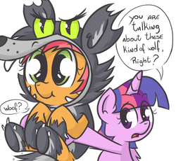 Size: 1100x1010 | Tagged: dead source, safe, artist:twily-and-friends, babs seed, twilight sparkle, alicorn, earth pony, pony, g4, adorababs, animal costume, ask, big babs wolf, clothes, costume, cute, dialogue, female, hnnng, holding a pony, mare, twilight sparkle (alicorn), wolf costume