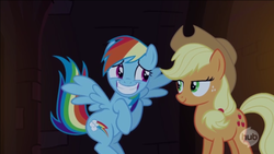 Size: 958x540 | Tagged: safe, screencap, applejack, rainbow dash, castle mane-ia, g4, cute, dashabetes, grin, hub logo, hubble, out of context, smiling