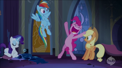 Size: 957x537 | Tagged: safe, screencap, applejack, pinkie pie, rainbow dash, rarity, pony, castle mane-ia, g4, bipedal, hub logo, hubble, magic, telekinesis, yelling