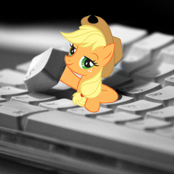 Size: 500x500 | Tagged: safe, applejack, earth pony, pony, g4, applejack's hat, cowboy hat, cute, female, hat, i hid in your keyboard, jackabetes, keyboard, looking at you, mare, micro, smiling, solo