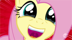 Size: 750x422 | Tagged: safe, edit, edited screencap, screencap, fluttershy, castle mane-ia, g4, crying, cute, female, happy, hub logo, hubble, inverted mouth, open mouth, shyabetes, smiling, solo, speed lines, tears of joy, the hub, uvula, wtf