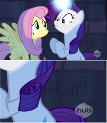 Size: 716x820 | Tagged: safe, screencap, fluttershy, rarity, castle mane-ia, g4, hub logo, hubble, oubliette, tally marks