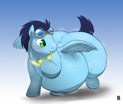 Size: 1094x925 | Tagged: safe, artist:gillpanda, edit, soarin', pegasus, pony, g4, bhm, blank flank, blushing, expansion, fat, goggles, inflation, jewelry, male, missing cutie mark, necklace, obese, soarchub, solo, stallion, weight gain