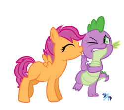 Size: 900x800 | Tagged: dead source, safe, artist:sugguk, scootaloo, spike, dragon, pegasus, pony, g4, cheek kiss, female, filly, foal, kissing, male, ship:scootaspike, shipping, simple background, straight, transparent background