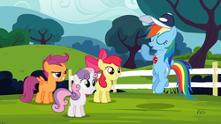 Size: 1920x1080 | Tagged: safe, screencap, apple bloom, rainbow dash, scootaloo, sweetie belle, flight to the finish, g4, coach, coach rainbow dash, cutie mark crusaders, hat, wallpaper, whistle