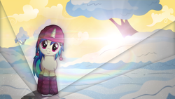 Size: 3840x2160 | Tagged: safe, artist:aelioszero, artist:austiniousi, dj pon-3, vinyl scratch, pony, unicorn, g4, cap, clothes, female, hat, hooves, horn, lens flare, looking at you, mare, smiling, snow, socks, solo, striped socks, tree, vector, wallpaper, winter
