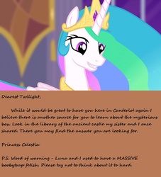 Size: 800x880 | Tagged: safe, princess celestia, castle mane-ia, g4, my little pony: friendship is magic, season 4, female, letter, solo, text