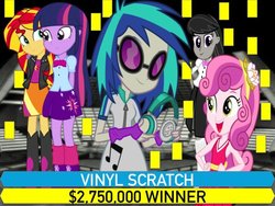 Size: 600x450 | Tagged: safe, artist:j4lambert, dj pon-3, octavia melody, silver spoon, sunset shimmer, sweetie belle, twilight sparkle, vinyl scratch, equestria girls, g4, jackpot, mastermind, million second quiz, msq, nbc, winner