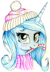 Size: 2773x3958 | Tagged: safe, artist:vird-gi, princess luna, g4, candy cane, clothes, cute, female, hat, mouth hold, s1 luna, scarf, solo, traditional art