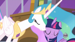 Size: 1920x1080 | Tagged: safe, screencap, princess celestia, twilight sparkle, alicorn, pony, g4, princess twilight sparkle (episode), animated, animated png, duo, eyes closed, female, hub logo, mare, snuggling, twilight sparkle (alicorn)