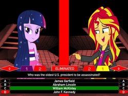 Size: 600x450 | Tagged: safe, artist:j4lambert, silver spoon, sunset shimmer, twilight sparkle, equestria girls, g4, assassination, bout, defense, eliminated, game, mckinley, million, million second quiz, msq, nbc, president, quiz, second, show, tiebreaker, william, winners