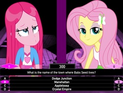 Size: 720x540 | Tagged: safe, artist:j4lambert, babs seed, fluttershy, pinkie pie, equestria girls, g4, game, hair, manehattan, million, million second quiz, msq, nbc, pinkamena diane pie, ponyville, quiz, second, seed, show, trivia, wet