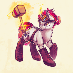 Size: 500x500 | Tagged: safe, artist:syntactics, oc, oc only, oc:ironfire, boots, goggles, hammer, hoof boots, magic, solo