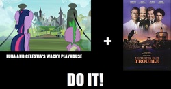 Size: 1053x550 | Tagged: safe, spike, twilight sparkle, human, castle mane-ia, g4, my little pony: friendship is magic, season 4, bridge, castle, exploitable meme, make it happen, meme, movie, movie poster, nothing but trouble, poster, ruins, text, twilight sparkle (alicorn)