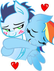 Size: 335x440 | Tagged: safe, artist:joey darkmeat, artist:rainbowrhainbowh, rainbow dash, soarin', pony, g4, blushing, female, hug, male, ship:soarindash, shipping, straight, trace