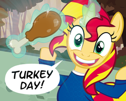 Size: 900x725 | Tagged: safe, artist:pixelkitties, sunset shimmer, pony, turkey, unicorn, g4, cooked, dead, drumstick, faic, female, food, garbage day, glowing, glowing horn, horn, magic, ponies eating meat, silent night deadly night, solo, telekinesis, thanksgiving