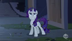 Size: 716x406 | Tagged: safe, screencap, rarity, castle mane-ia, g4, my little pony: friendship is magic, season 4, angry, female, frown, hub logo, hubble, solo