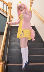 Size: 2881x4648 | Tagged: safe, artist:lochlan o'neil, fluttershy, human, g4, clothes, cosplay, irl, irl human, photo, socks, solo, sweater, sweatershy, tail