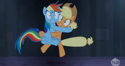 Size: 621x331 | Tagged: safe, screencap, applejack, rainbow dash, castle mane-ia, g4, hub logo, hubble, hug, scared