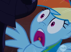 Size: 460x337 | Tagged: safe, screencap, rainbow dash, castle mane-ia, g4, female, hub logo, hubble, scared, screaming, solo, yelling