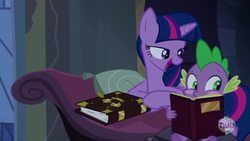 Size: 640x360 | Tagged: safe, screencap, spike, twilight sparkle, alicorn, pony, castle mane-ia, g4, journal of the two sisters, season 4, blushing, book, exploitable, female, hub logo, hubble, journal, lidded eyes, mare, meme, meme origin, out of context, spike blushing at a book meme, template, twilight sparkle (alicorn), twilight's bad pickup lines
