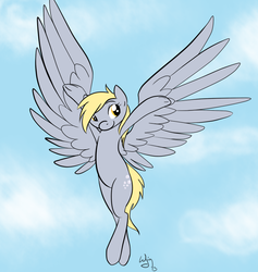 Size: 896x947 | Tagged: safe, artist:avantgarde, derpy hooves, pegasus, pony, g4, cloud, female, flying, large wings, mare, signature, sky, solo, spread wings, underhoof, wings