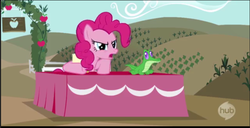 Size: 724x371 | Tagged: safe, screencap, gummy, pinkie pie, castle mane-ia, g4, hub logo, sweet apple acres