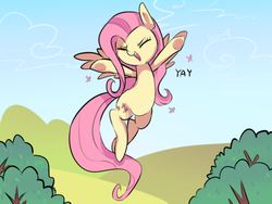 Size: 640x480 | Tagged: safe, artist:kkuyo, fluttershy, butterfly, pegasus, pony, g4, cute, eyes closed, female, mare, one word, open mouth, shyabetes, solo, yay