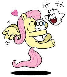 Size: 271x310 | Tagged: safe, artist:chocend, fluttershy, ghost, pegasus, pony, g4, boo (super mario), crack shipping, crossover, crossover shipping, cute, female, heart, hug, mare, shipping, simple background, super mario bros., sweatdrop, trio, white background