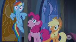 Size: 1365x767 | Tagged: safe, screencap, applejack, pinkie pie, rainbow dash, castle mane-ia, g4, my little pony: friendship is magic, season 4, derp, hub logo, hubble