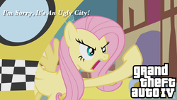 Size: 1280x720 | Tagged: safe, edit, edited screencap, screencap, fluttershy, pegasus, pony, g4, putting your hoof down, season 2, angry, female, frown, grand theft auto, gta iv, image macro, mare, meme, niko bellic, open mouth, solo, taxi