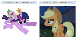 Size: 527x278 | Tagged: safe, applejack, spike, twilight sparkle, alicorn, pony, derpibooru, g4, exploitable meme, female, flying, juxtaposition, juxtaposition win, mare, meme, meta, twilight sparkle (alicorn)