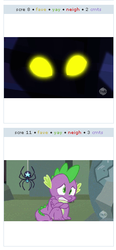 Size: 265x573 | Tagged: safe, pony of shadows, spike, star spider, derpibooru, castle mane-ia, g4, my little pony: friendship is magic, exploitable meme, juxtaposition, juxtaposition win, meme, meta, scared