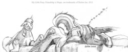 Size: 1100x452 | Tagged: safe, artist:baron engel, rainbow dash, oc, oc:sky brush, pegasus, pony, g4, bed, butt, canon x oc, eyes closed, eyes on the prize, face down ass up, fanfic, floppy ears, grayscale, looking at butt, messy mane, monochrome, pencil drawing, plot, prone, raised tail, reacting to nudity, sleeping, spread wings, traditional art, wide eyes, zzz