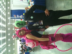 Size: 2048x1536 | Tagged: safe, pinkie pie, oc, oc:anon, human, bronycon, bronycon 2013, g4, /mlp/, anon at the con, clothes, cosplay, costume, irl, irl human, leg warmers, loop-de-hoop, photo, sideways image