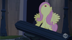 Size: 865x482 | Tagged: safe, screencap, fluttershy, hummingbird, castle mane-ia, g4, castle of the royal pony sisters, female, hub logo, hubble, panic, pillar, solo