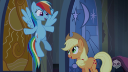 Size: 860x484 | Tagged: safe, screencap, applejack, rainbow dash, castle mane-ia, g4, hub logo, hubble