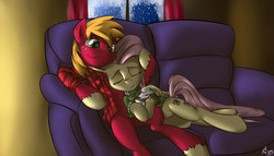 Size: 4200x2400 | Tagged: safe, artist:drizziedoodles, big macintosh, fluttershy, earth pony, pony, g4, clothes, hot chocolate, male, ship:fluttermac, shipping, snuggling, stallion, straight, sweatershy, winter