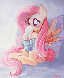 Size: 900x1098 | Tagged: safe, artist:sophiesplushies, fluttershy, pegasus, pony, g4, blushing, clothes, cold, cup, cute, drink, female, hot drink, mare, mug, shyabetes, solo, spread wings, sweater, sweatershy, wings, winter