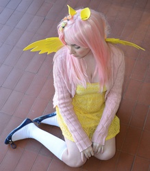 Size: 3142x3589 | Tagged: safe, artist:lochlan o'neil, fluttershy, human, g4, cleavage, clothes, cosplay, female, irl, irl human, photo, solo, sweater, sweatershy