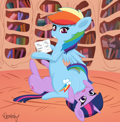 Size: 2897x2936 | Tagged: safe, artist:verminshy, rainbow dash, twilight sparkle, pegasus, pony, g4, book, butt, faceful of ass, facesitting, female, golden oaks library, lesbian, library, mare, plot, ship:twidash, shipping, sitting on person