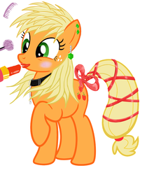 Size: 999x1189 | Tagged: safe, applejack, g4, alternate hairstyle, collar, comb, earring, female, lipstick, makeover, makeup, raised hoof, ribbon, rouge, simple background, solo, tail bow