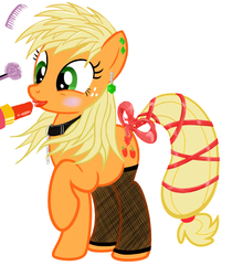 Size: 999x1189 | Tagged: safe, applejack, g4, alternate hairstyle, clothes, collar, comb, earring, female, fishnet stockings, lipstick, makeover, makeup, raised hoof, rouge, simple background, solo, stockings, tail bow